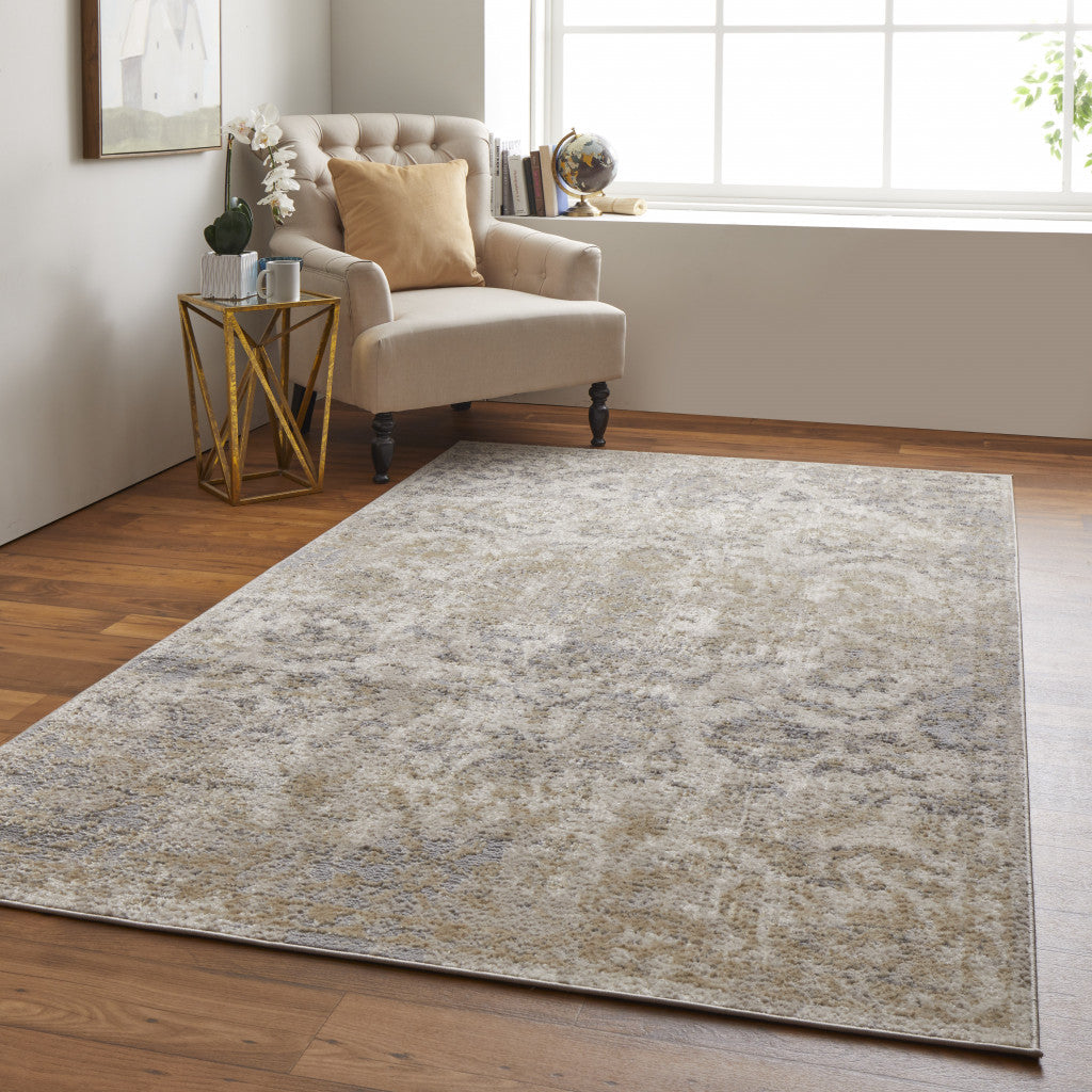 4' X 6' Blue Gray And Ivory Floral Power Loom Distressed Area Rug