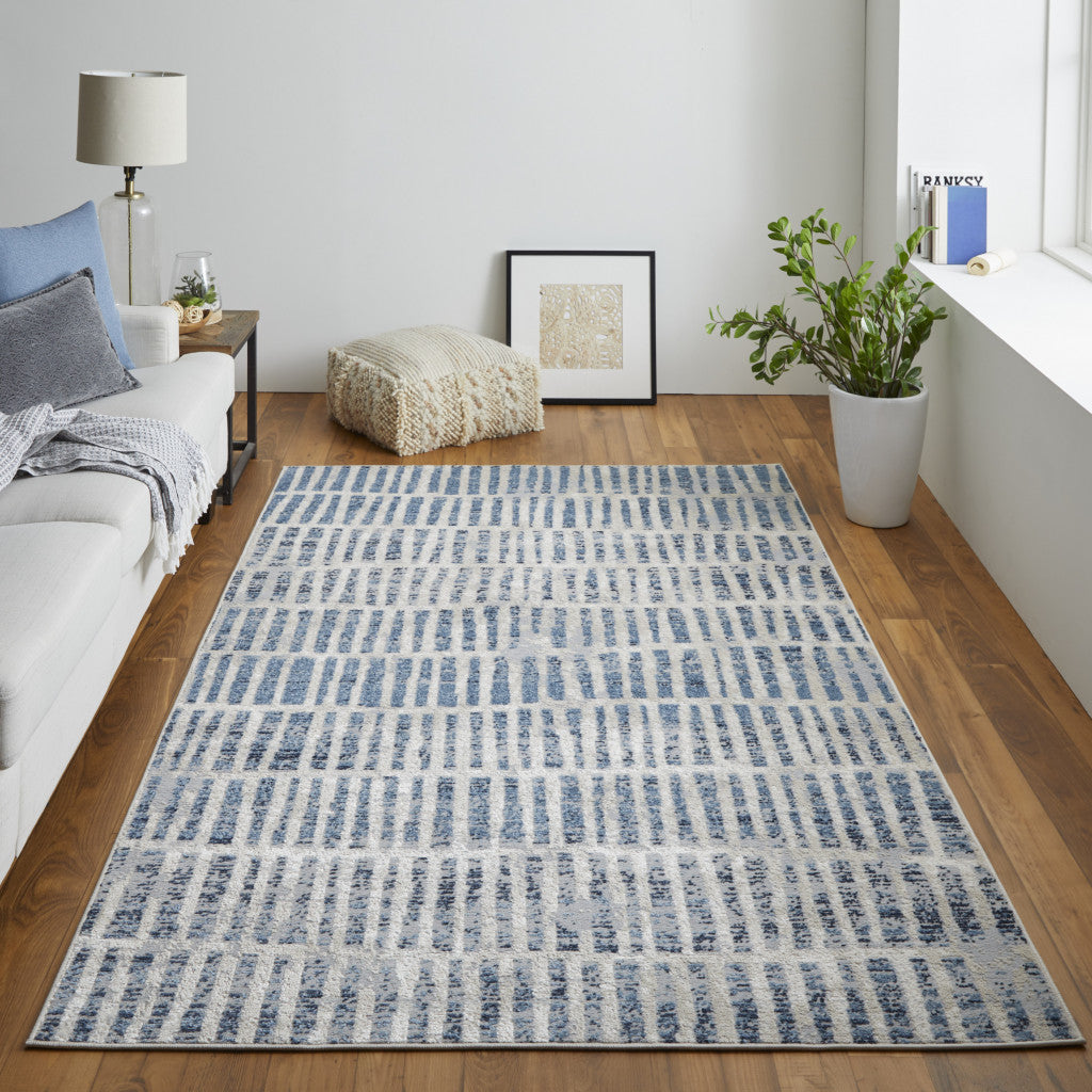 4' X 6' Blue And Ivory Geometric Power Loom Distressed Area Rug