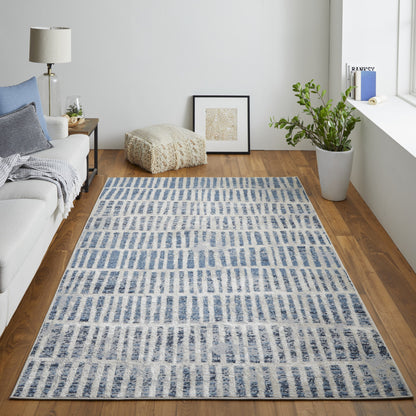 4' X 6' Blue And Ivory Geometric Power Loom Distressed Area Rug