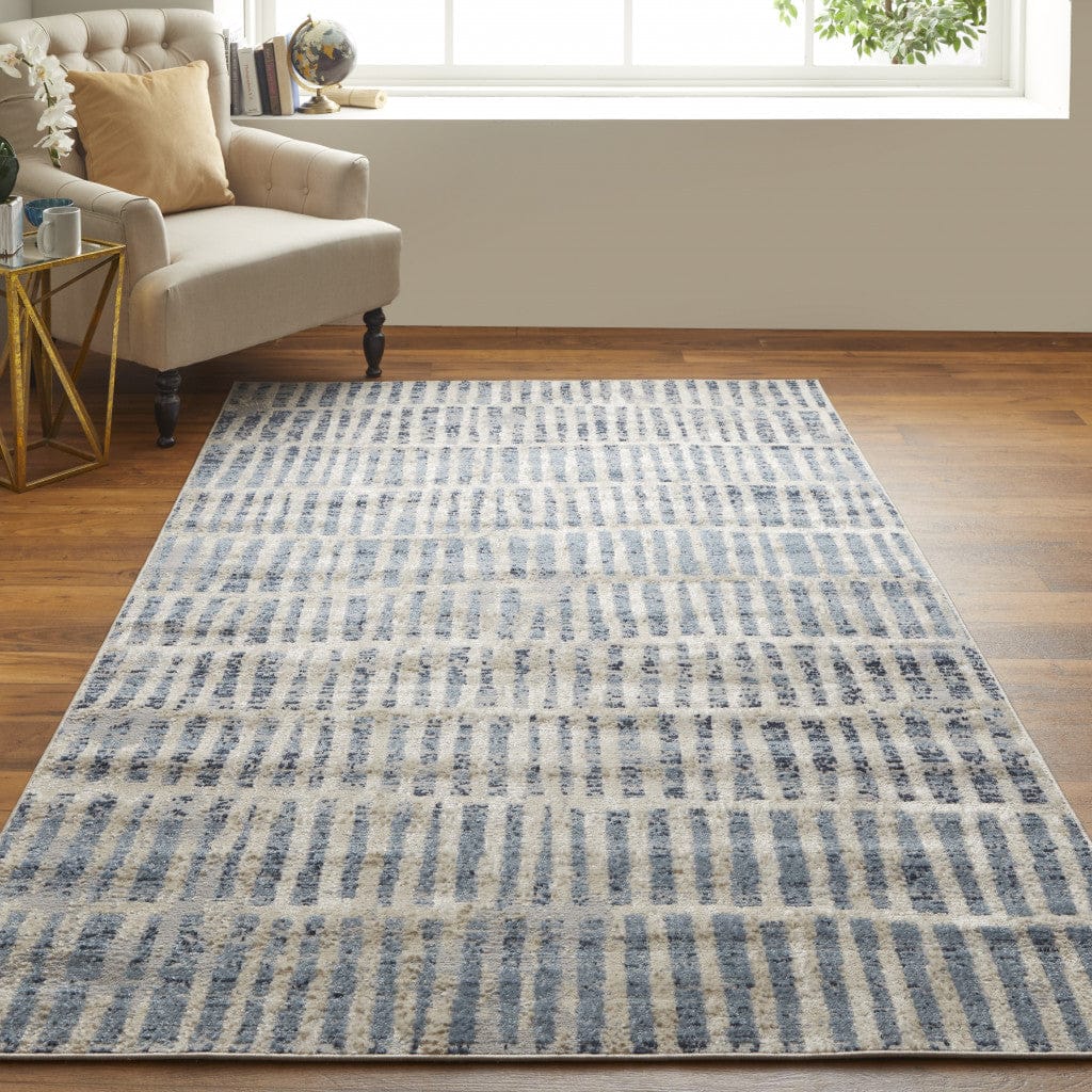 4' X 6' Blue And Ivory Geometric Power Loom Distressed Area Rug