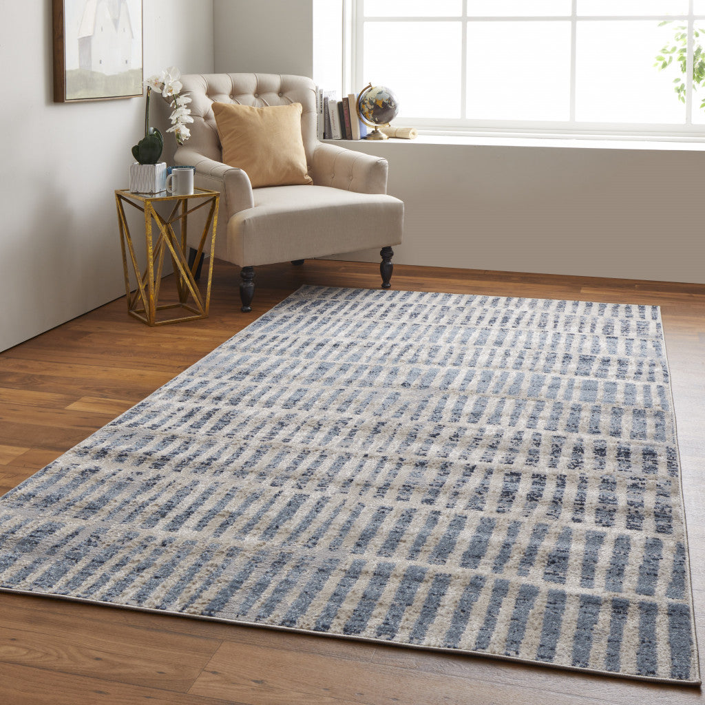 4' X 6' Blue And Ivory Geometric Power Loom Distressed Area Rug