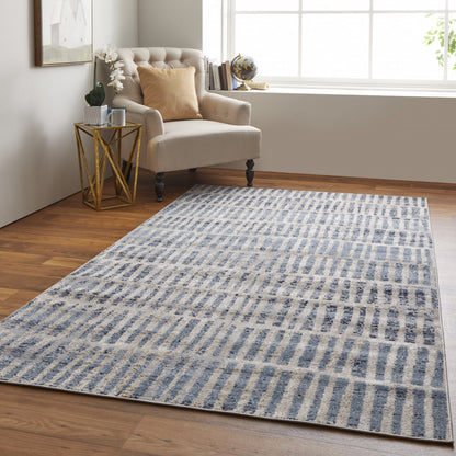 4' X 6' Blue And Ivory Geometric Power Loom Distressed Area Rug