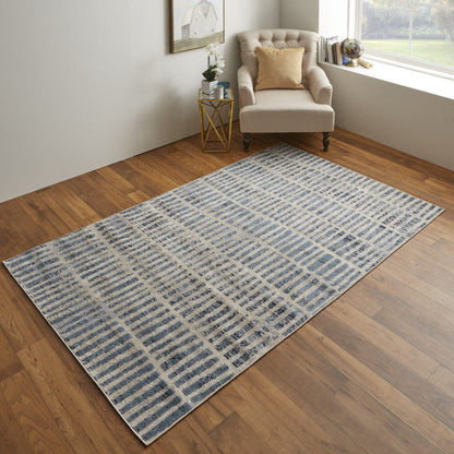 4' X 6' Blue And Ivory Geometric Power Loom Distressed Area Rug