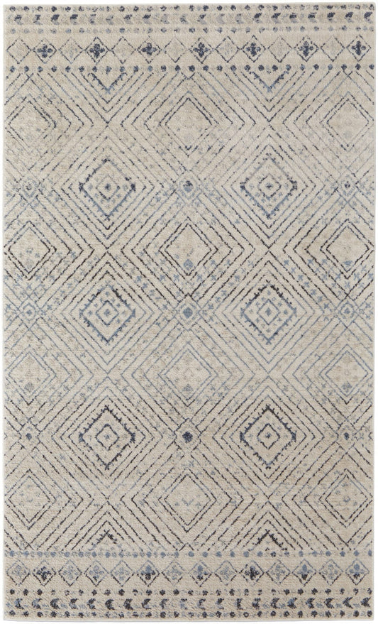 4' X 6' Ivory Blue And Gray Geometric Power Loom Distressed Area Rug