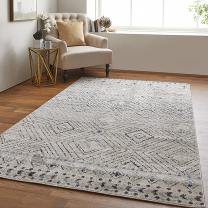 4' X 6' Ivory Blue And Gray Geometric Power Loom Distressed Area Rug