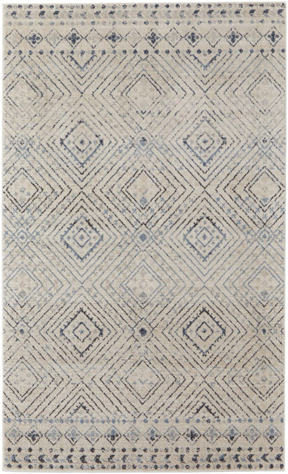 4' X 6' Ivory Blue And Gray Geometric Power Loom Distressed Area Rug