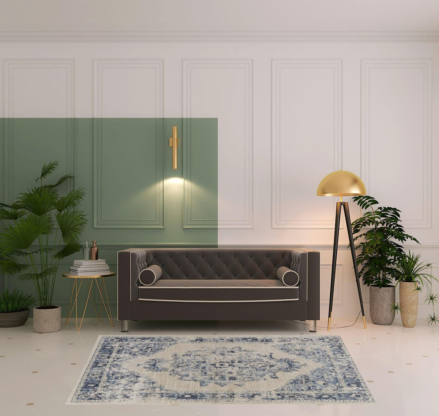 5' X 8' Ivory And Blue Floral Power Loom Distressed Area Rug