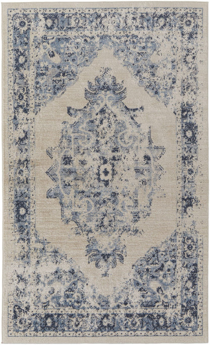 5' X 8' Ivory And Blue Floral Power Loom Distressed Area Rug