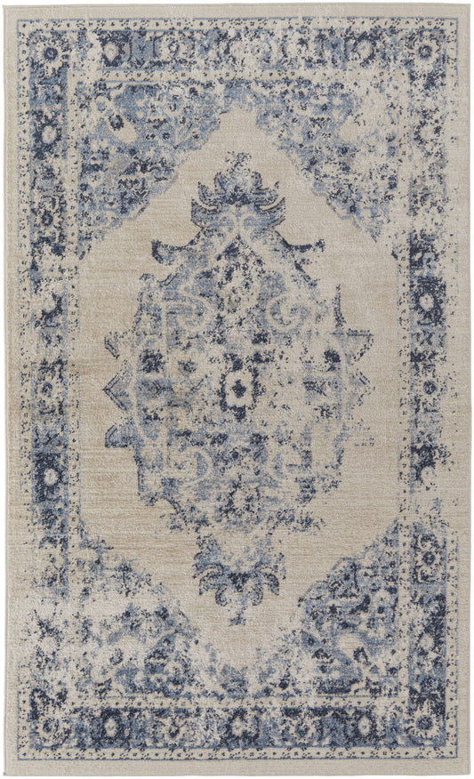 5' X 8' Ivory And Blue Floral Power Loom Distressed Area Rug