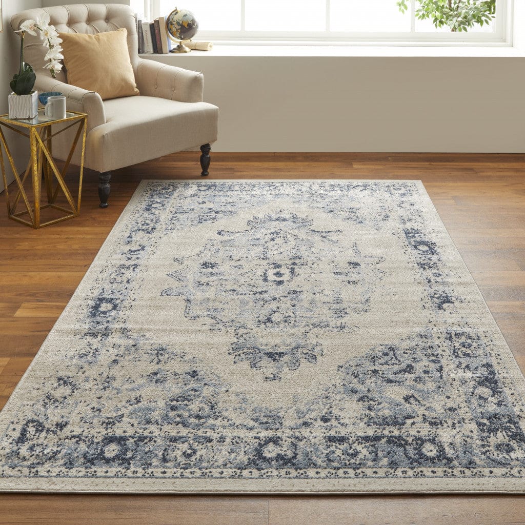 5' X 8' Ivory And Blue Floral Power Loom Distressed Area Rug