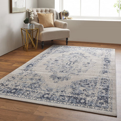 5' X 8' Ivory And Blue Floral Power Loom Distressed Area Rug