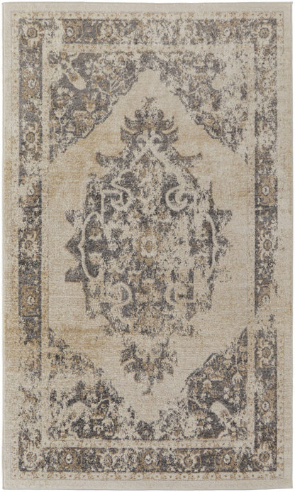 5' X 8' Ivory And Blue Floral Power Loom Distressed Area Rug