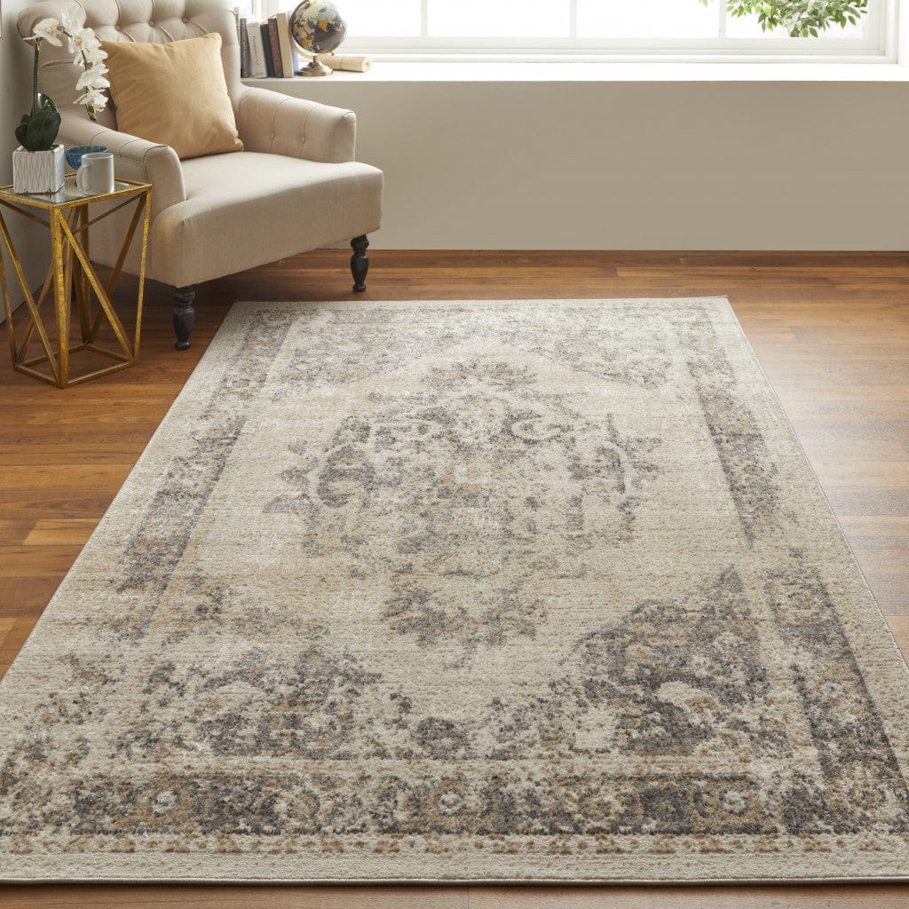 5' X 8' Ivory And Blue Floral Power Loom Distressed Area Rug