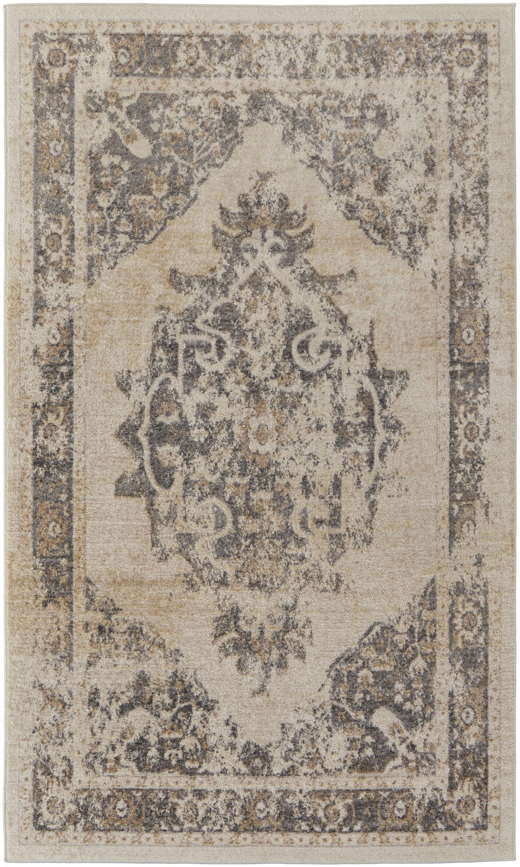 5' X 8' Ivory And Blue Floral Power Loom Distressed Area Rug