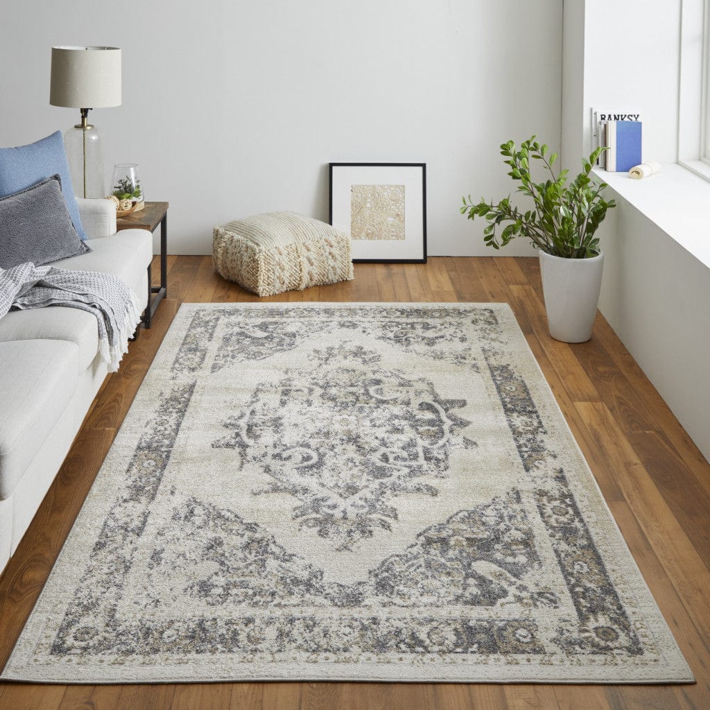 5' X 8' Ivory And Blue Floral Power Loom Distressed Area Rug