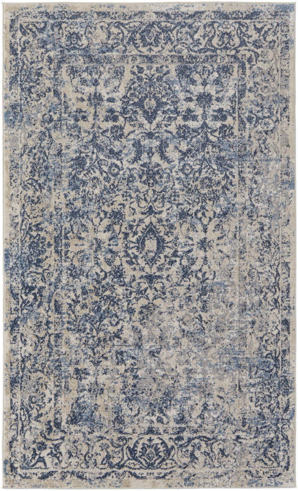 4' X 6' Blue And Ivory Floral Power Loom Distressed Area Rug