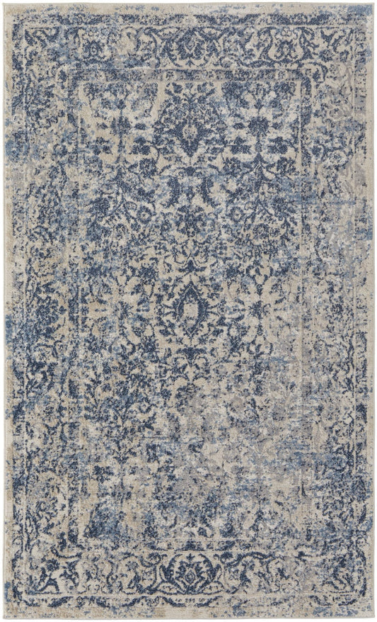 4' X 6' Blue And Ivory Floral Power Loom Distressed Area Rug