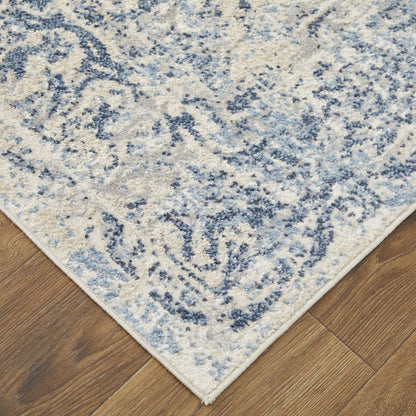 4' X 6' Blue And Ivory Floral Power Loom Distressed Area Rug