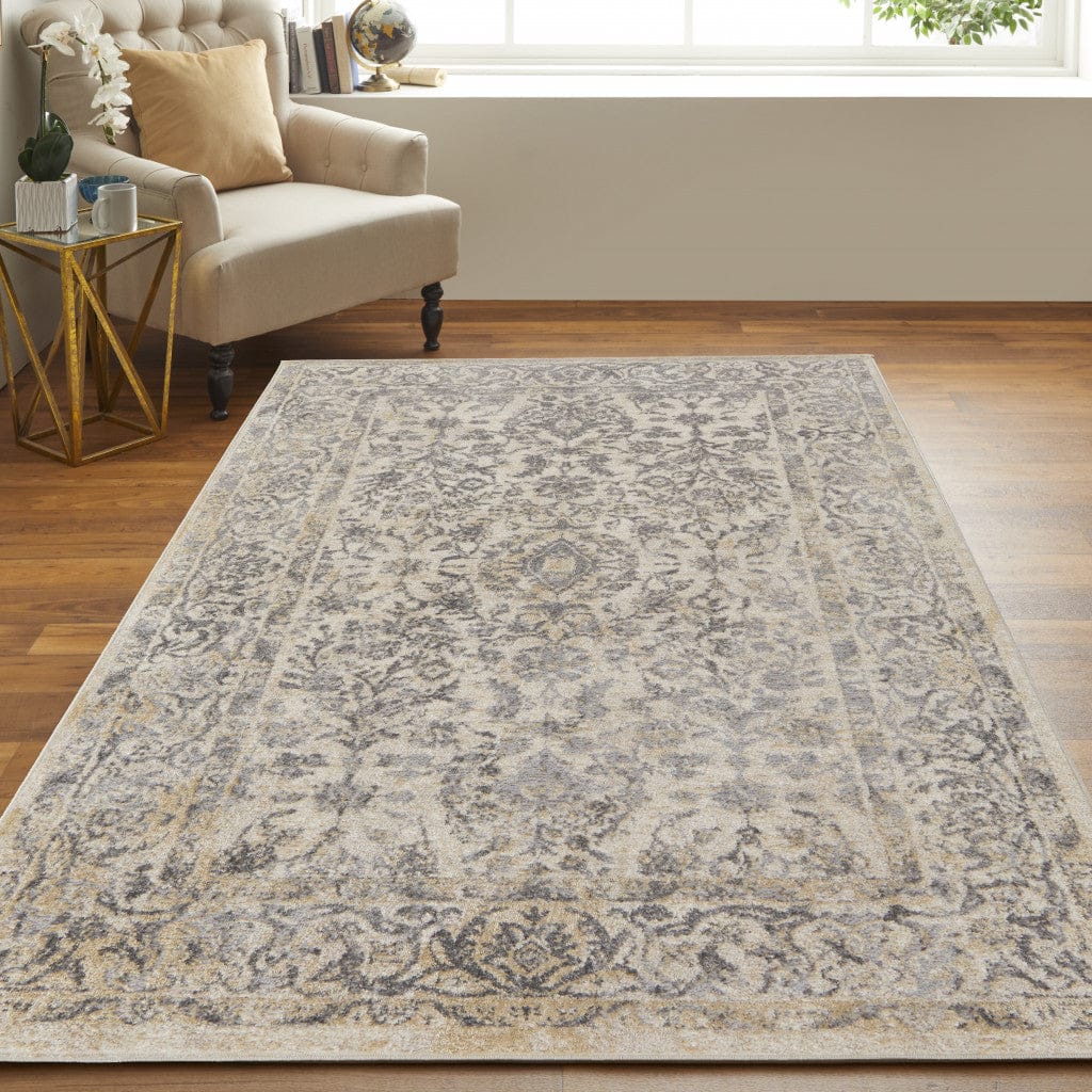 4' X 6' Blue And Ivory Floral Power Loom Distressed Area Rug
