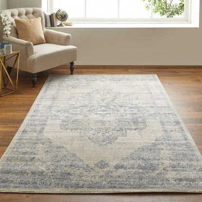 4' X 6' Blue And Ivory Floral Power Loom Distressed Area Rug