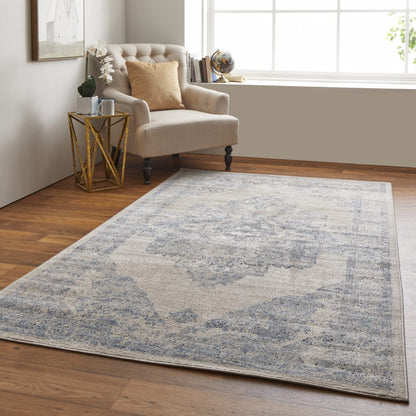 4' X 6' Blue And Ivory Floral Power Loom Distressed Area Rug