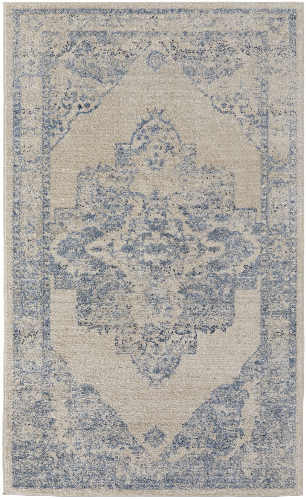 4' X 6' Blue And Ivory Floral Power Loom Distressed Area Rug
