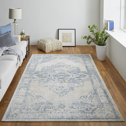 4' X 6' Blue And Ivory Floral Power Loom Distressed Area Rug