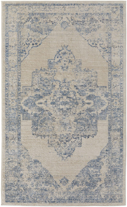 4' X 6' Blue And Ivory Floral Power Loom Distressed Area Rug
