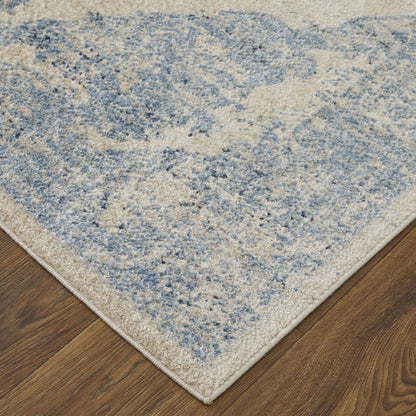 4' X 6' Blue And Ivory Floral Power Loom Distressed Area Rug