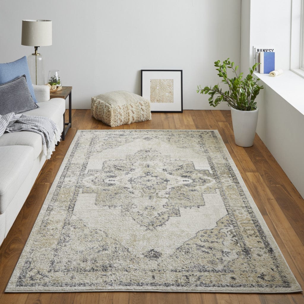4' X 6' Blue And Ivory Floral Power Loom Distressed Area Rug