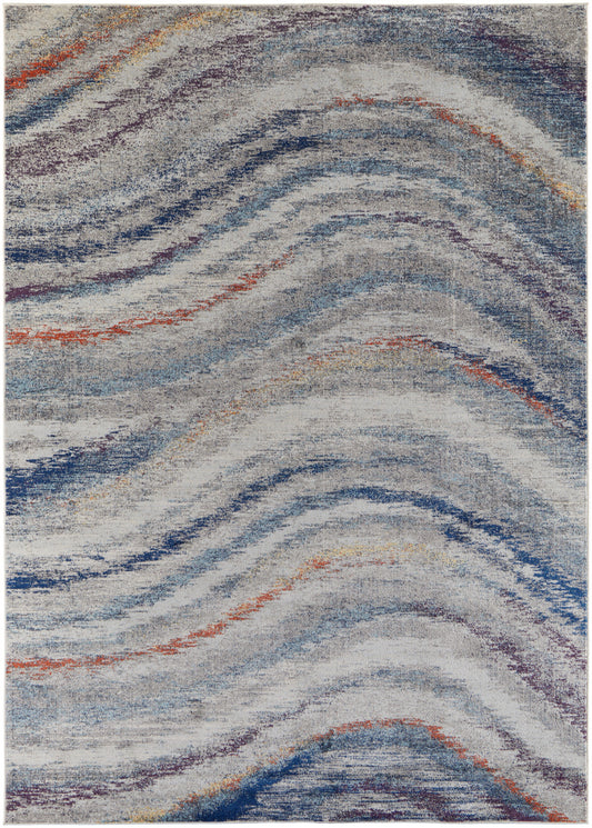3' X 5' Blue Gray And Orange Abstract Power Loom Stain Resistant Area Rug
