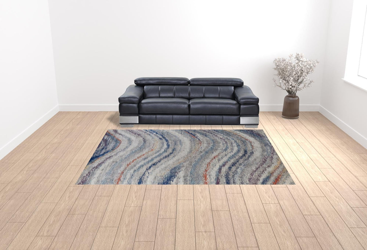 3' X 5' Blue Gray And Orange Abstract Power Loom Stain Resistant Area Rug