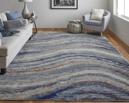 3' X 5' Blue Gray And Orange Abstract Power Loom Stain Resistant Area Rug