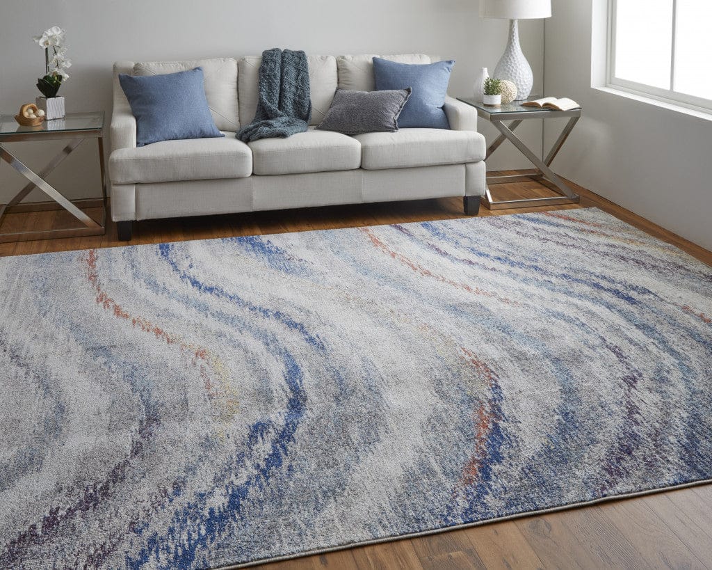 3' X 5' Blue Gray And Orange Abstract Power Loom Stain Resistant Area Rug