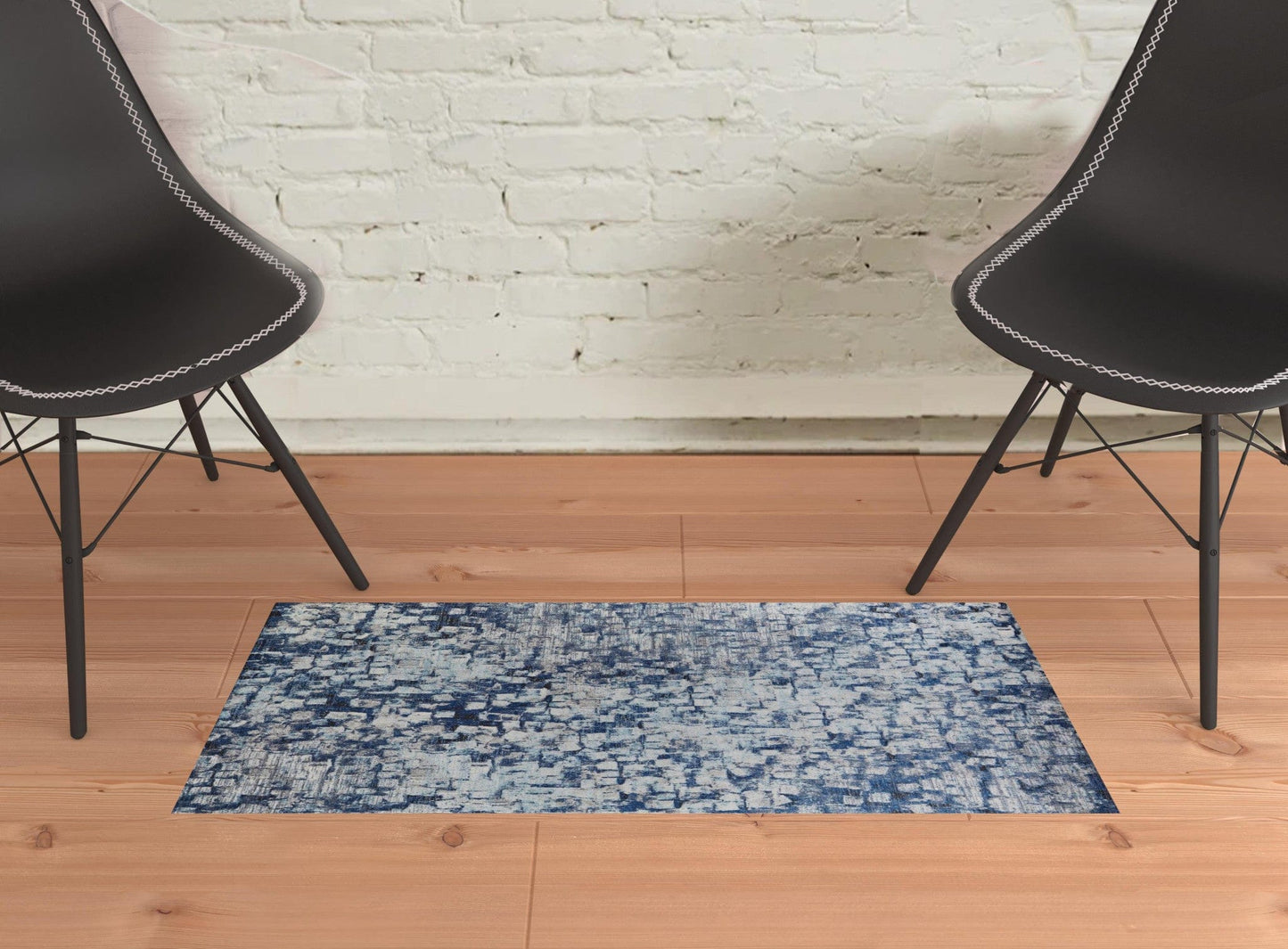 3' X 5' Blue And Ivory Abstract Power Loom Distressed Stain Resistant Area Rug
