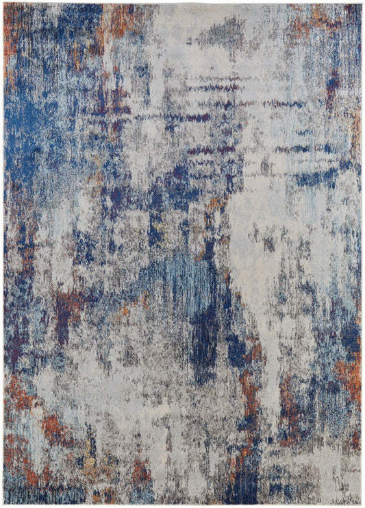 3' X 5' Ivory And Blue Abstract Power Loom Distressed Stain Resistant Area Rug