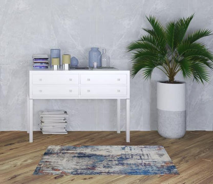 3' X 5' Ivory And Blue Abstract Power Loom Distressed Stain Resistant Area Rug