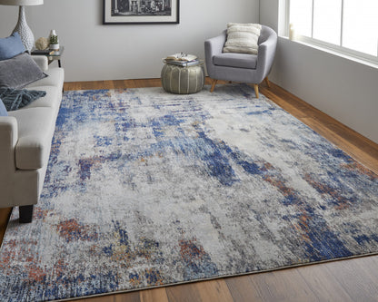 3' X 5' Ivory And Blue Abstract Power Loom Distressed Stain Resistant Area Rug