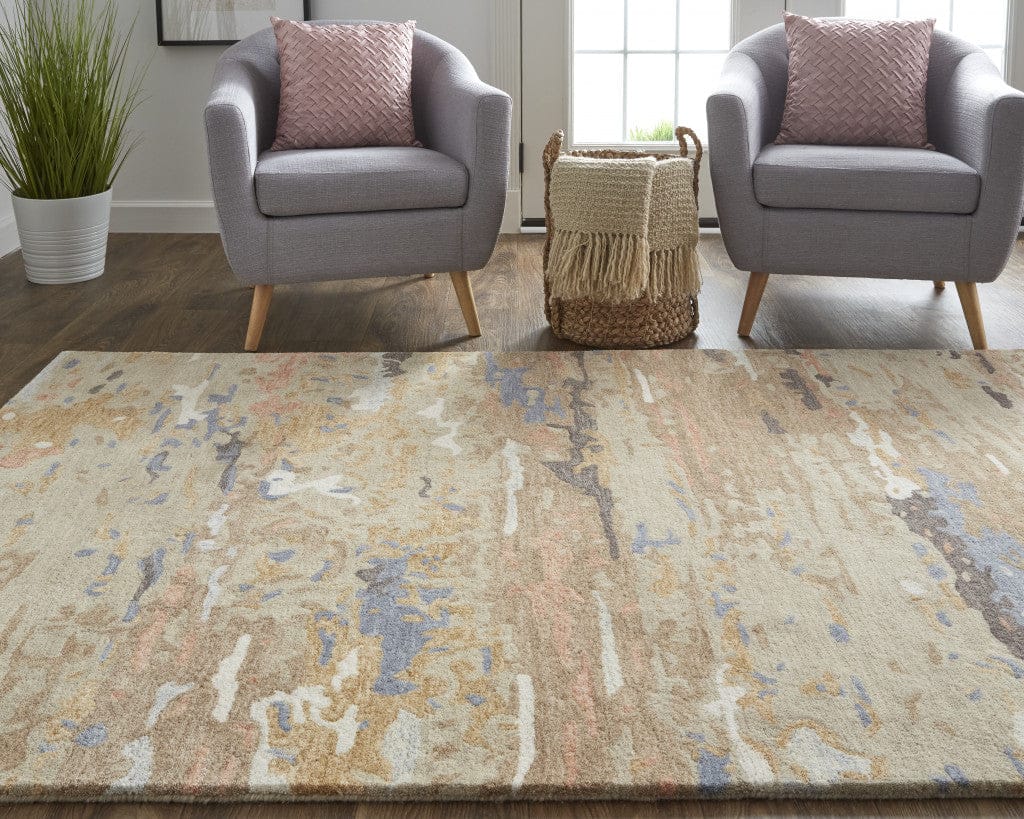 4' X 6' Tan And Blue Wool Abstract Tufted Handmade Stain Resistant Area Rug