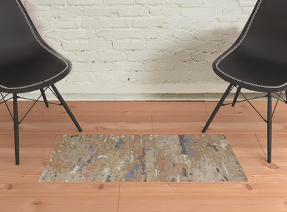 4' X 6' Tan And Blue Wool Abstract Tufted Handmade Stain Resistant Area Rug
