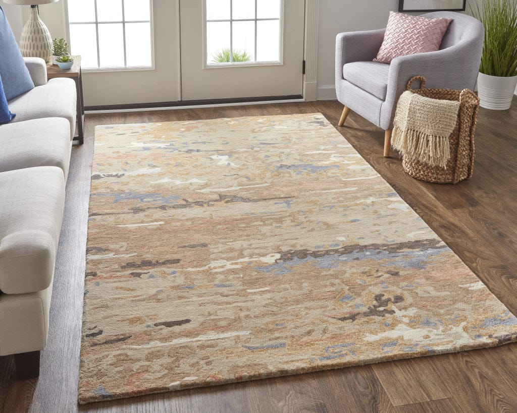 4' X 6' Tan And Blue Wool Abstract Tufted Handmade Stain Resistant Area Rug