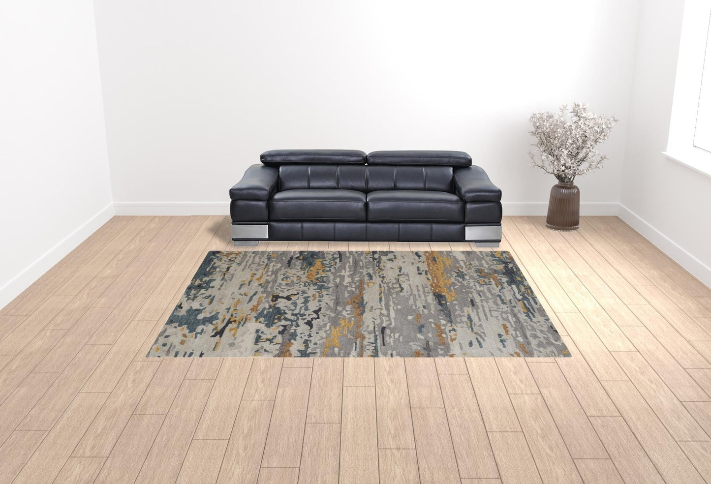 4' X 6' Tan And Blue Wool Abstract Tufted Handmade Stain Resistant Area Rug