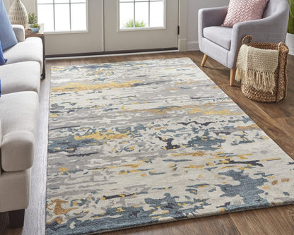 4' X 6' Tan And Blue Wool Abstract Tufted Handmade Stain Resistant Area Rug