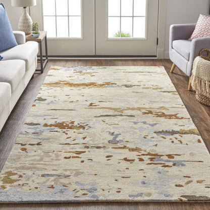 4' X 6' Tan And Blue Wool Abstract Tufted Handmade Stain Resistant Area Rug