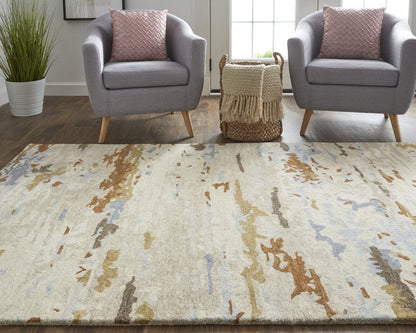 4' X 6' Tan And Blue Wool Abstract Tufted Handmade Stain Resistant Area Rug