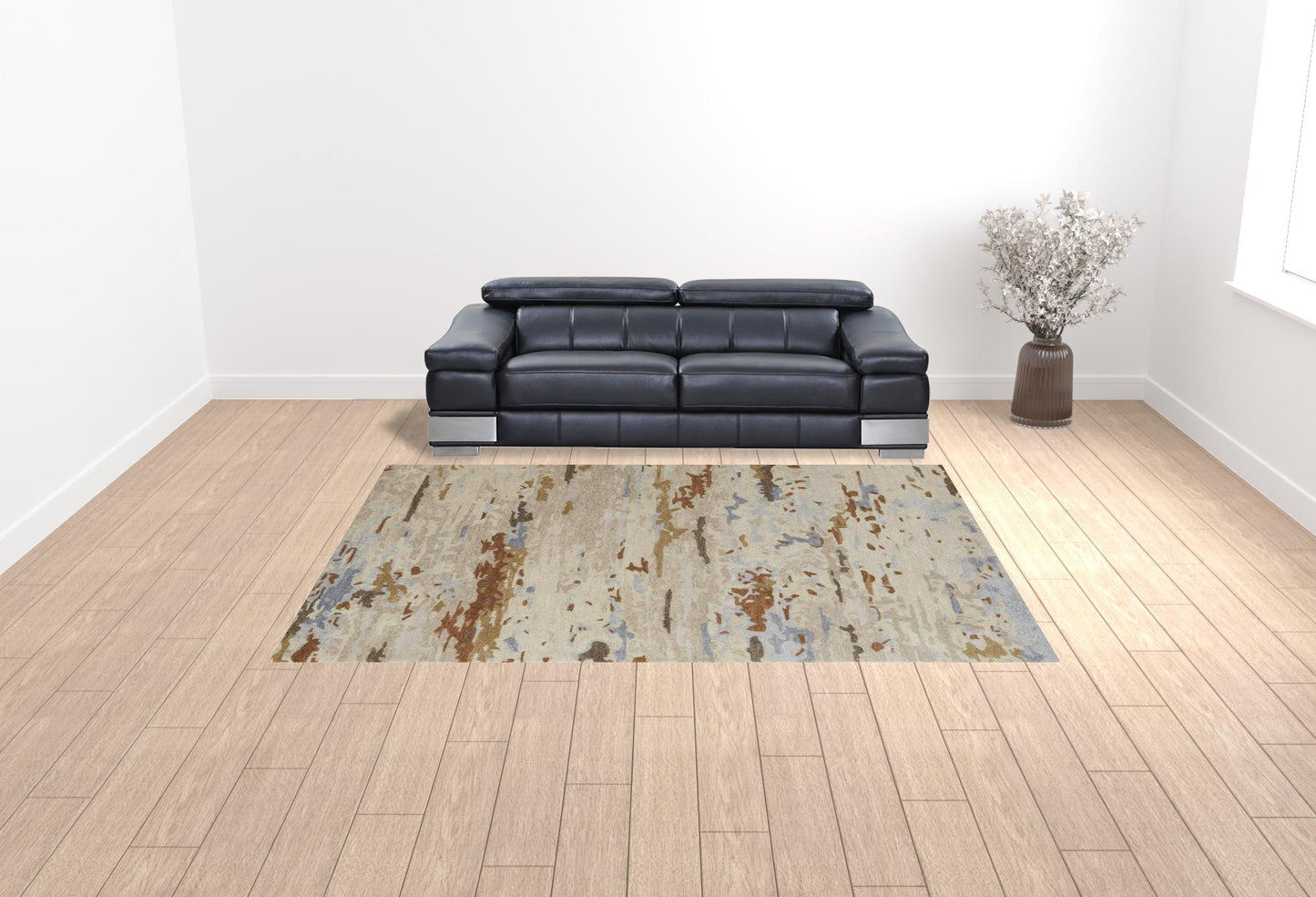 4' X 6' Tan And Blue Wool Abstract Tufted Handmade Stain Resistant Area Rug