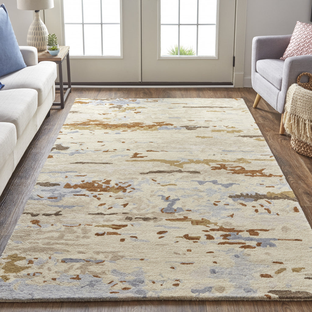 4' X 6' Tan And Blue Wool Abstract Tufted Handmade Stain Resistant Area Rug