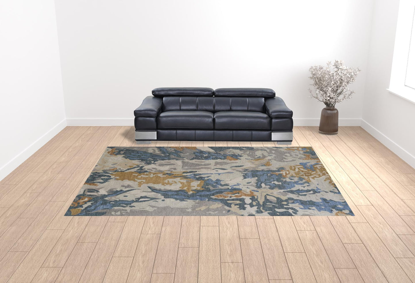 4' X 6' Gray Blue And Gold Wool Abstract Tufted Handmade Stain Resistant Area Rug