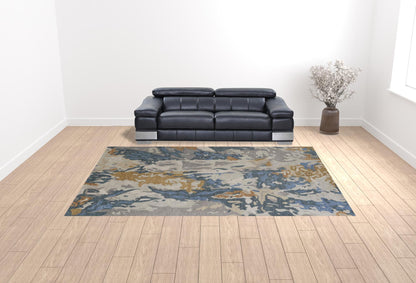 4' X 6' Gray Blue And Gold Wool Abstract Tufted Handmade Stain Resistant Area Rug