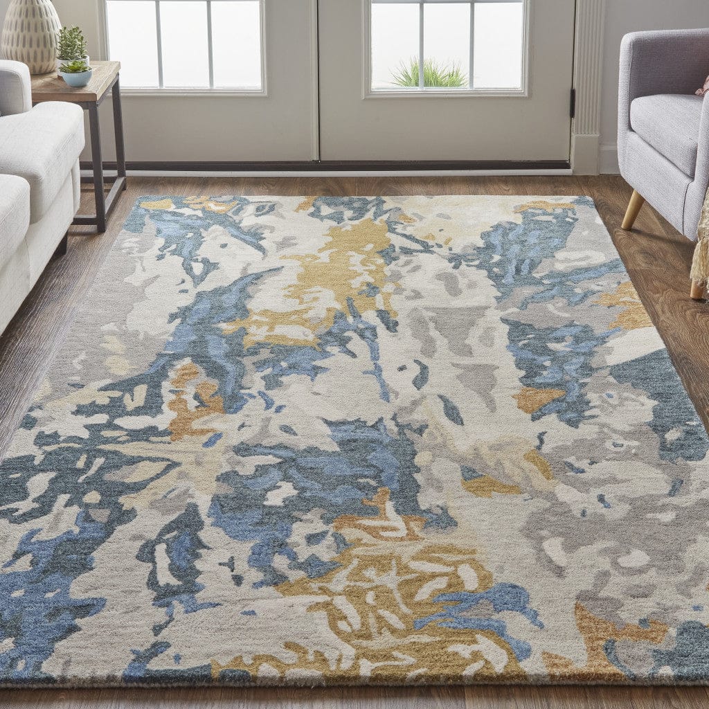 4' X 6' Gray Blue And Gold Wool Abstract Tufted Handmade Stain Resistant Area Rug